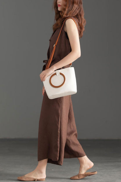 Deep V Neck Linen Jumpsuits in Coffee Color C2392