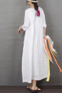 long-sleeved linen dress with Loose plus-size artistic  round-necked  190228