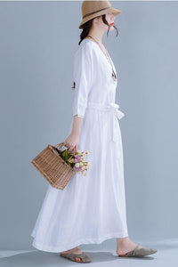 Two-piece linen dress with V neck and seven minute sleeve 190244