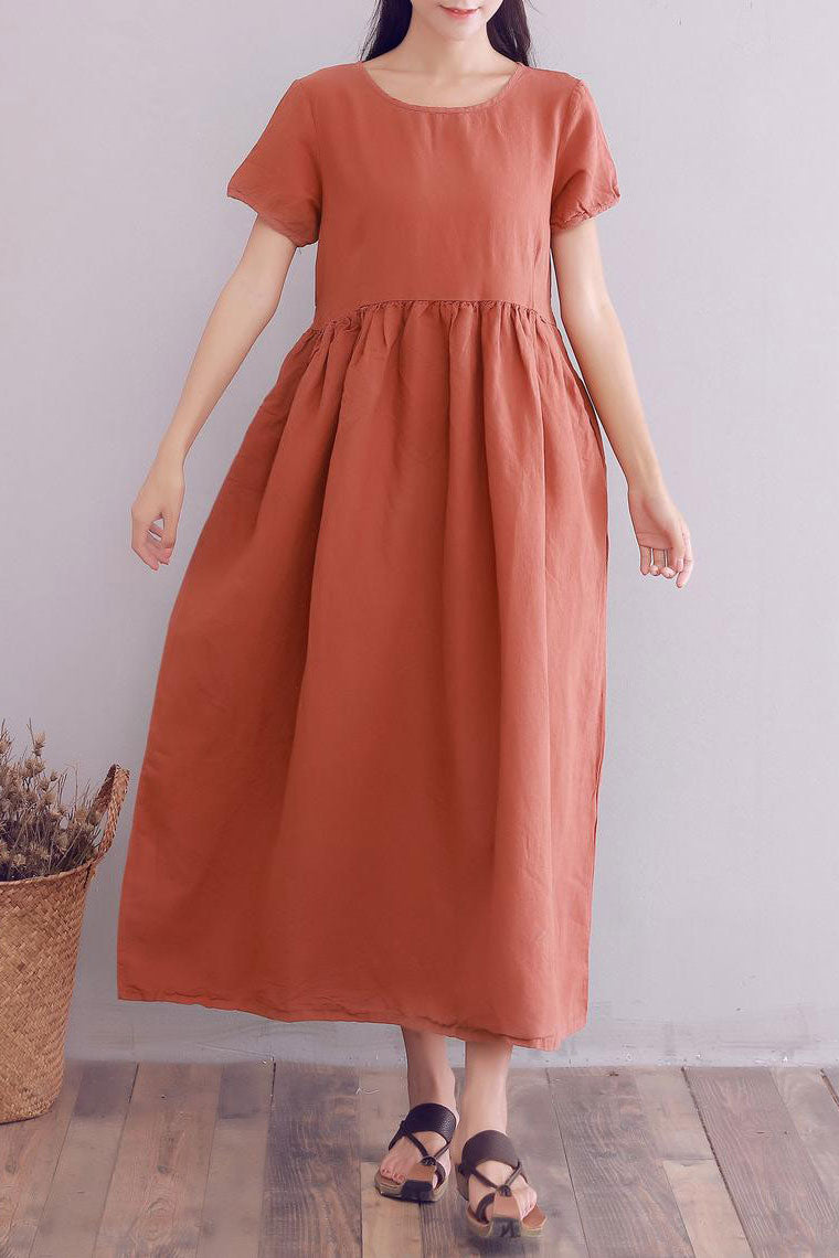 short sleeve loose fit linen maxi dress A008