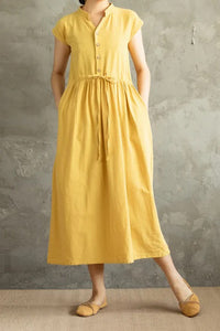 Summer Cotton Linen V-neck Shirt Dress C2868