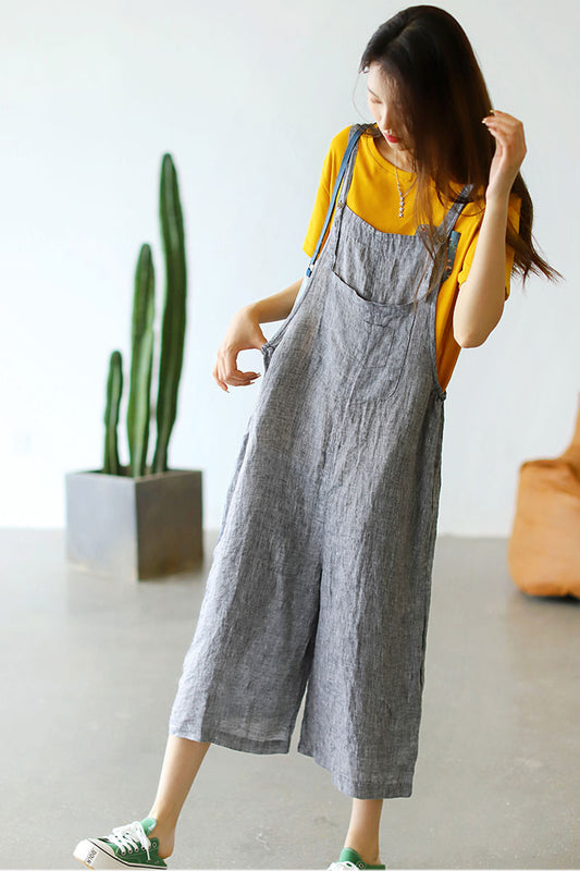 Casual Cropped Linen Jumpsuits in Gray C2389