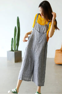 Casual Cropped Linen Jumpsuits in Gray C2389