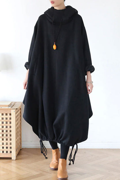Loose fit hooded cotton dress coat with asymmetrical hem A016