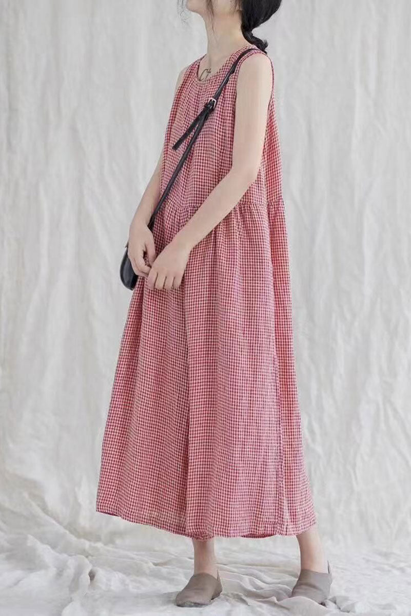 Casual Red Plaid Sleeveless Cotton Linen Jumpsuits C2378