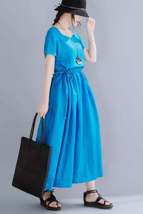 H line linen maxi dress with medium waist, round neck 190227