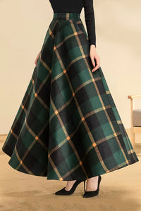 Casual Green Plaid Wool Skirt C3130