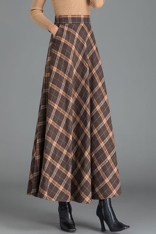 Plus Size Full Flared Plaid Wool Maxi Skirt C2490