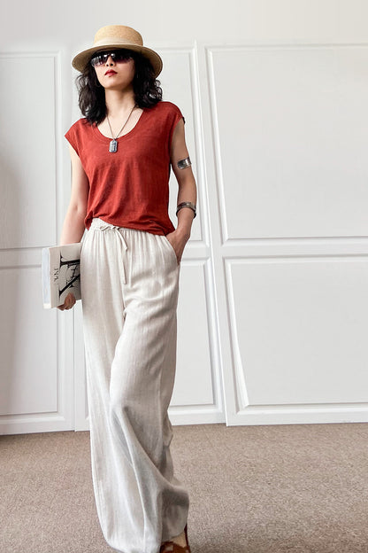 Elastic Waist Women Cotton Linen Casual Pants C2887