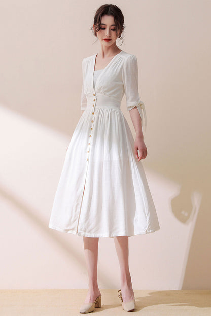 Deep V Neck White Linen Dress C3187