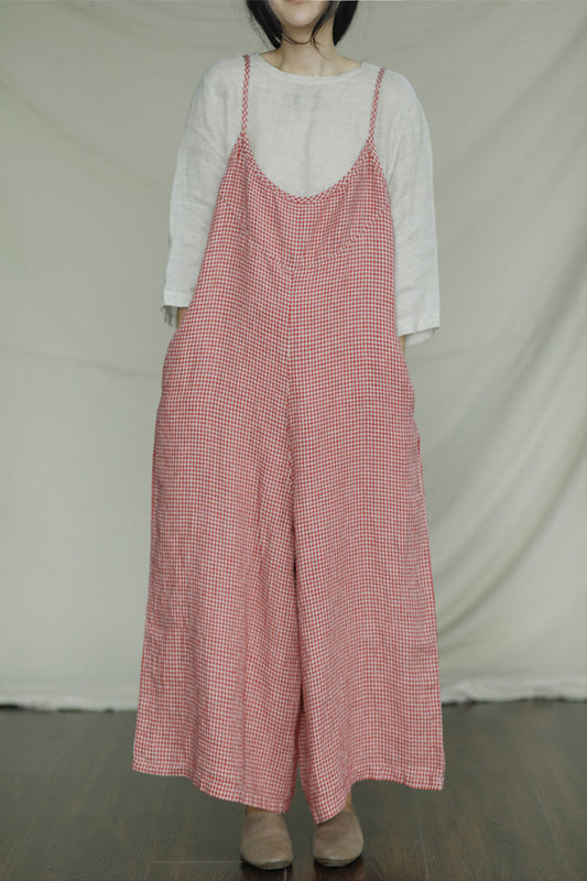 Red Plaid Sleeveless Linen Jumpsuits C2398