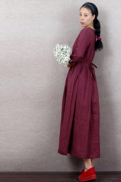 Vintage pleated waist long sleeve linen mid-length dress 190243