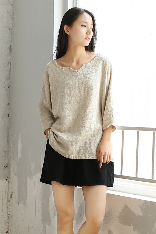 Khaki Cotton Linen Short Sleeve Tops C2828