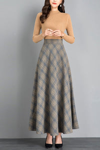 Retro Long Maxi Wool Plaid Skirt Women C2476