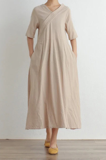 Short Sleeves V-Neck Cotton Midi Dress C2866