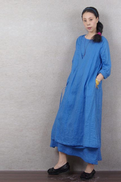 Ethnic wind irregular linen dress with V-neck and loose waist 190239