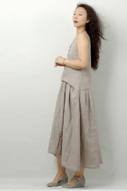 Linen art fresh disc button sleeveless long dress 190240