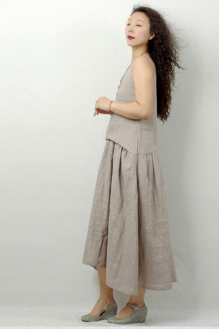Linen art fresh disc button sleeveless long dress 190240
