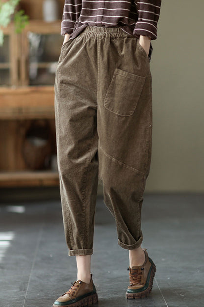 Black Elastic Waist Corduroy Pants C2439