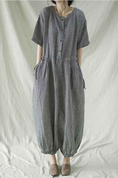 Casual Black Plaid Cotton Linen Jumpsuits C2387