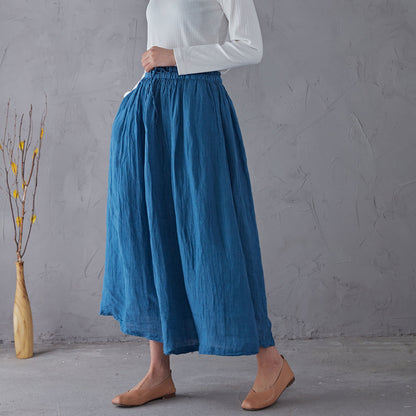 Blue Elastic Waist Linen Swing Skirt C1903