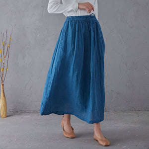 Blue Elastic Waist Linen Swing Skirt C1903