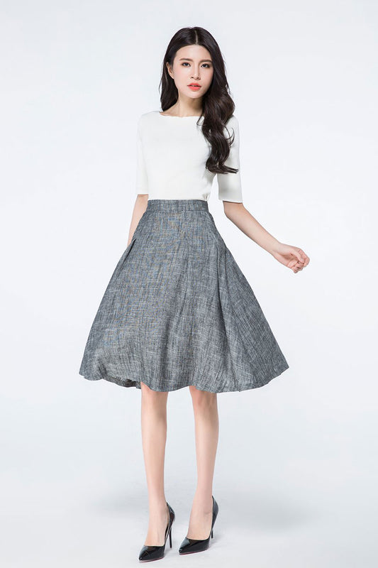 A Line Short Grey Linen Skirt C1079