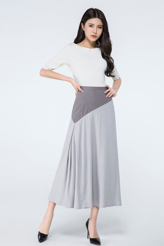 Women Grey block color Midi Linen Skirt C1065
