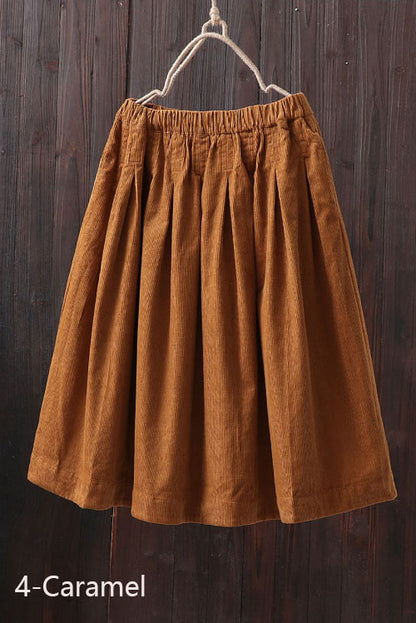 Red Pleated Midi Corduroy Skirt C2505