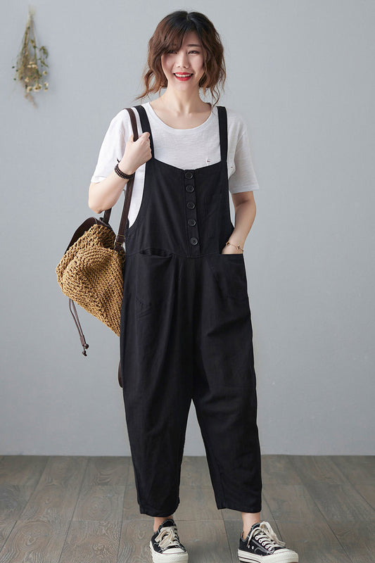 Black Casual Cropped Linen Jumpsuits C210201