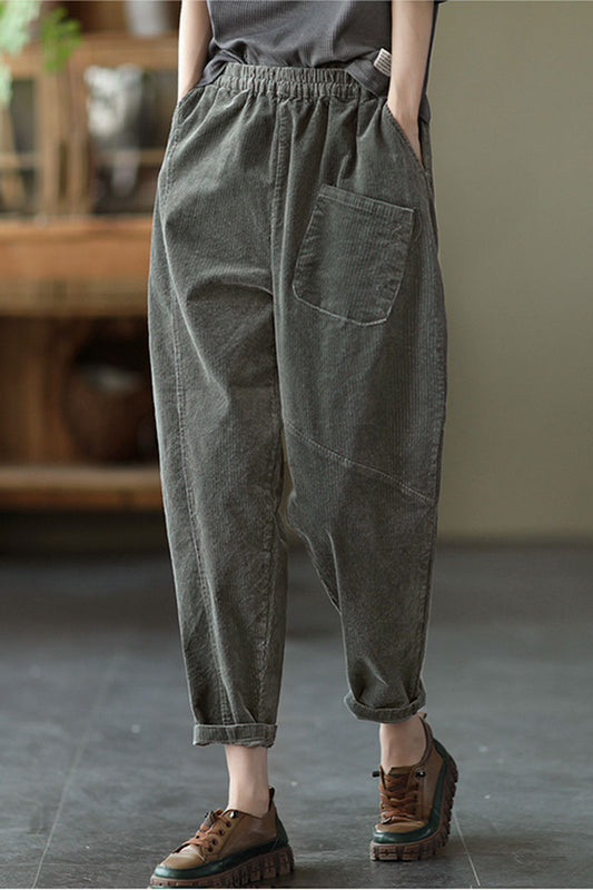 Grey Elastic Waist Corduroy Pants C2439