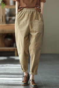 Khaki Elastic Waist Corduroy Pants C2439