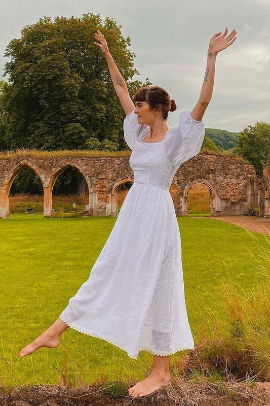 Puffy Sleeve White Linen Dress c2779
