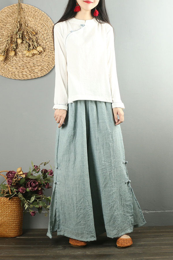 White Cotton Linen Wide Leg Pants - Soft Casual with Elastic Waist C2874