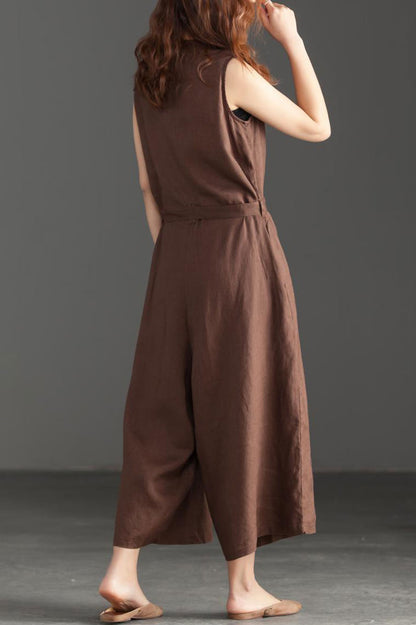 Deep V Neck Linen Jumpsuits in Coffee Color C2392
