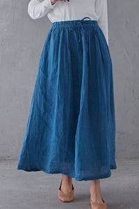 Blue Elastic Waist Linen Swing Skirt C1903