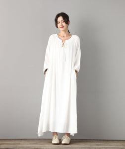 long sleeve white linen dress for women C1823