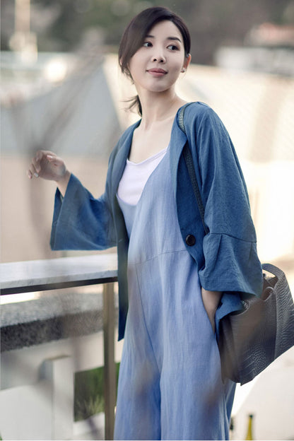 Casual Light Blue Linen Jumpsuits C2384