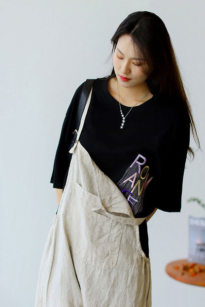Casual Cropped Linen Jumpsuits in Natural Linen Color C2388