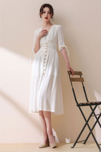 Deep V Neck White Linen Dress C3187