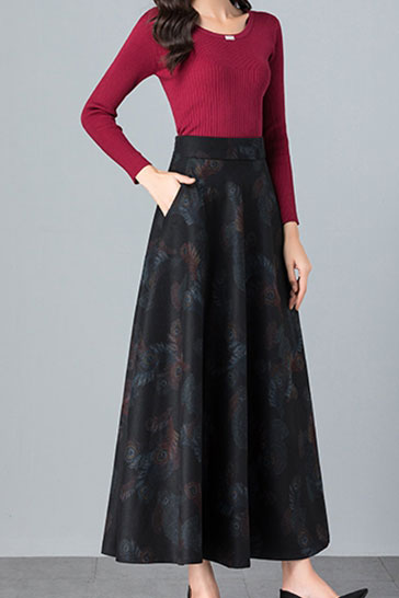 Retro Flower Print Warm Long Wool Skirt  C2474