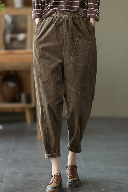 Black Elastic Waist Corduroy Pants C2439