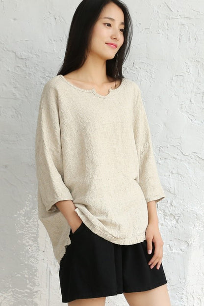 Khaki Cotton Linen Short Sleeve Tops C2828