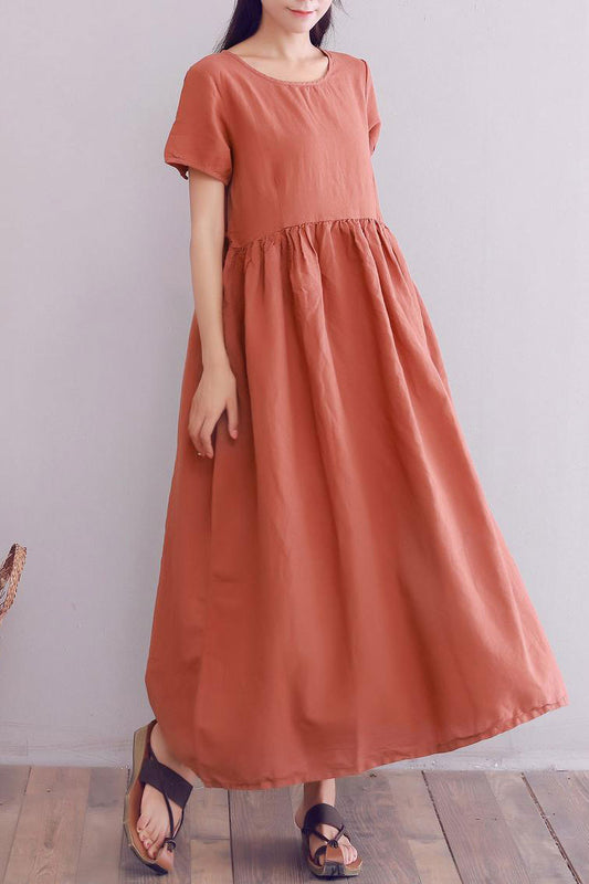 short sleeve loose fit linen maxi dress A008