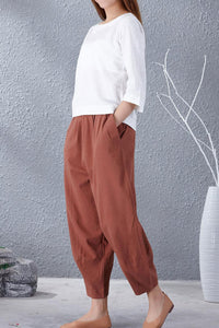 Casual wild leg linen pants with elastic waist A007