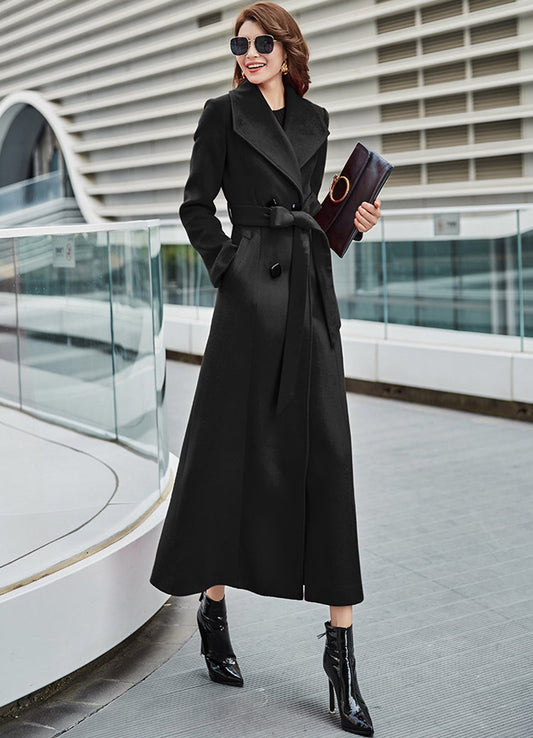 Black Wool Maxi Coat - Double Breasted with Belted Waist C1821
