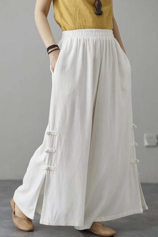 White Elastic Waist Wide Leg Linen Pants C181604