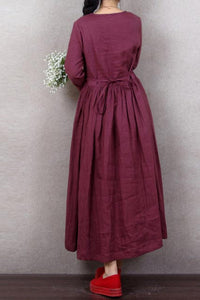 Vintage pleated waist long sleeve linen mid-length dress 190243