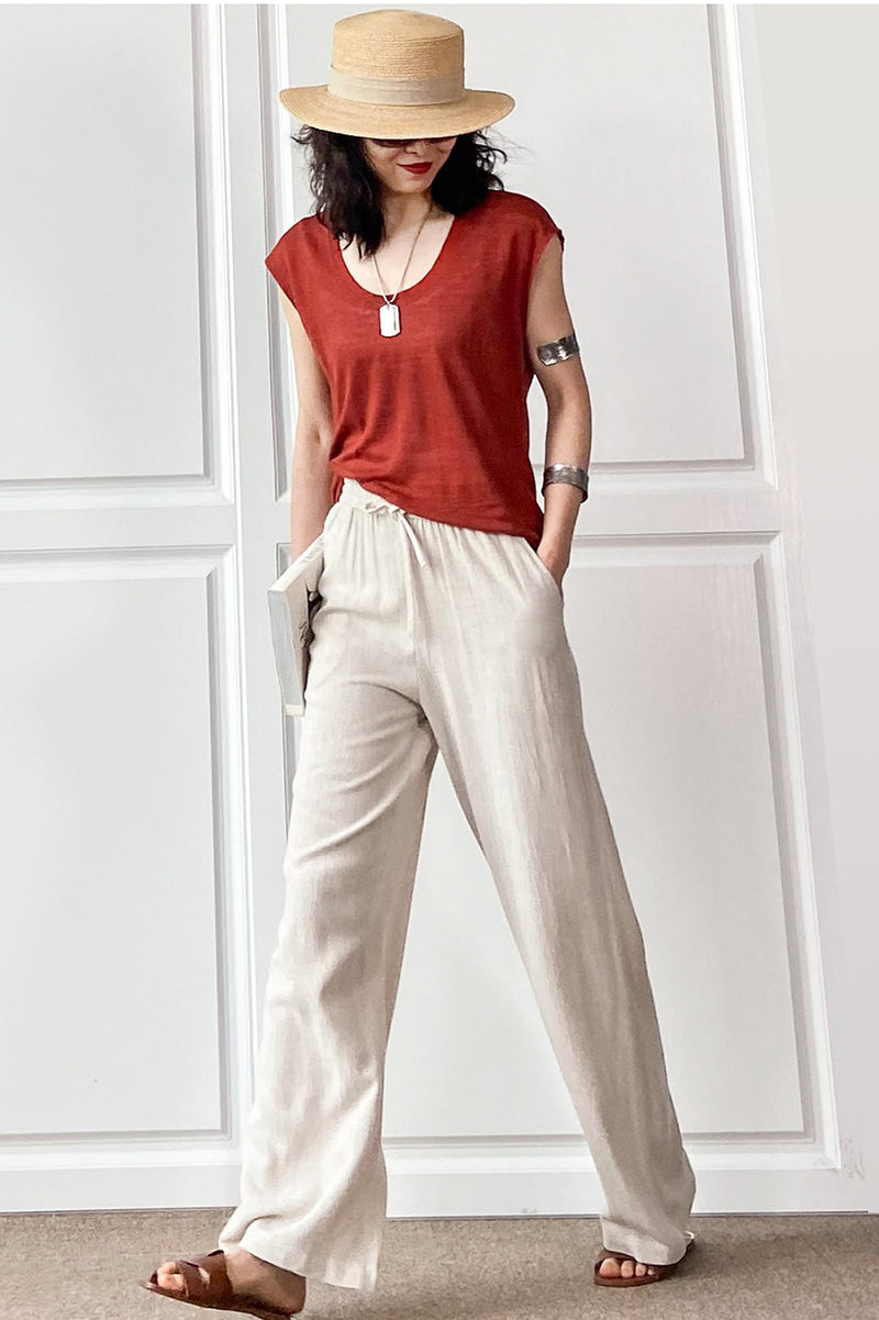 White Cotton Linen Wide Leg Pants - Elastic Waist Relaxed Fit C2887