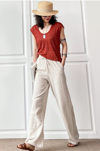 Elastic Waist Women Cotton Linen Casual Pants C2887